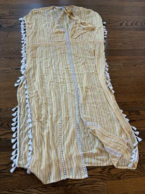 Blue Island Yellow Striped Tassel beach coverup, M thumbnail 1