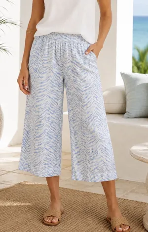Tahari White Blue Linen Cropped Pant Pull On Wide Leg Flowy Breathable Medium thumbnail 1