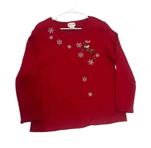 red vintage Christmas sweatshirt,‎ toffee, apple large, cotton, reindeer Sequin thumbnail 1