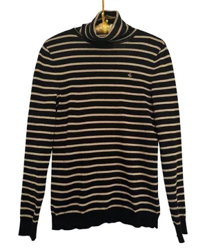 Lauren Ralph Lauren Black Gold Metallic‎ Striped Turtleneck Sweater Womens Sz S thumbnail 1