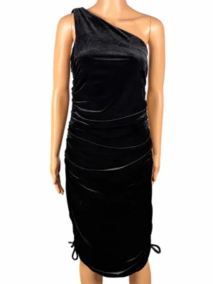 HOUSE OF HARLOW 1960 Black One-Shoulder Ruched Velvet Dress Small thumbnail 2