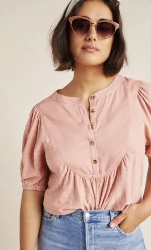 Anthropologie Pink Short Sleeve Button Front Elinor Textured Top - Size - Medium thumbnail 1