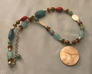 14” To 18” Necklace Round Pearlescent Pendant Beaded Chain Blue Brown Red Boho thumbnail 1