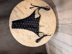 SheIn Polka Dot Side Tie Cheeky Bikini Bottoms Womens XS Black White Faux Pearl Charms thumbnail 3
