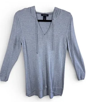 White House Black Market Womens Heather Grey V-Neck Knit Pullover Hoodie Size M thumbnail 1