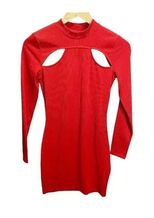 H&M‎ Caliente Red Bodycon Cutout Ribbed Mini Dress S Long Sleeved NEW thumbnail 1