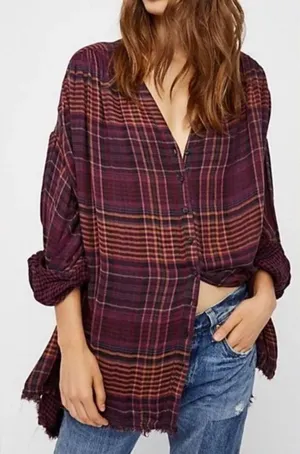 Free People Come On Over Tunic XS Purple Orange Plaid Raw Hem Gauze Boho‎ Top thumbnail 1
