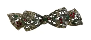 Vintage Holiday Sparkle: Rhinestone & Enamel Bow Brooch – Festive Filigree thumbnail 1