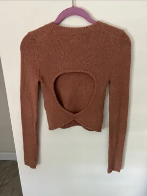 Aerie tan textured open back sweater long sleeve crop top XS cotton thumbnail 7
