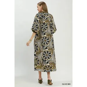 Umgee Abstract Print Midi Dress - Olive Mix - Small thumbnail 3