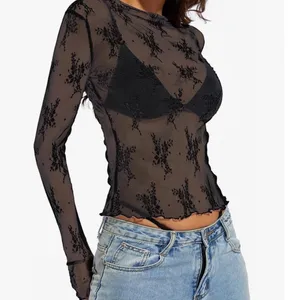 Long Sleeve Sheer Floral Top Black Sexy Mesh Layering See Through Lace Alt Baddi thumbnail 9