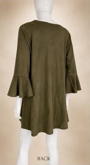 Umgee Boho Dark Green Floral Embroidered Faux Suede‎ Ruffle Sleeve Tunic Dress L thumbnail 1