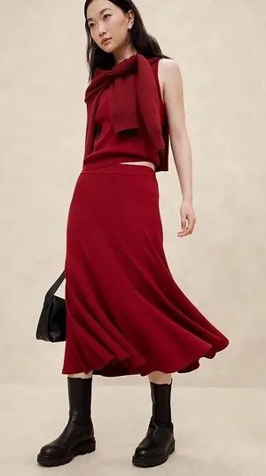 Banana Republic Red Lurex Midi Sweater Skirt A-Line Ribbed‎ Metallic Shimmer S thumbnail 1