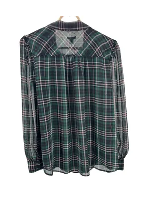 Ann Taylor sheer button front plaid puff sleeve top L professional office casual thumbnail 2