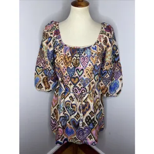 NEW FARM RIO Cream Hearts Ikat Puff Sleeve Dress Sz Small‎ thumbnail 2