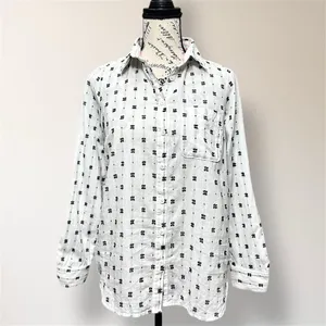 Maeve Anthropologie White‎ Black Clip Dot Cotton Button Down Roll Tab Shirt Boho thumbnail 4
