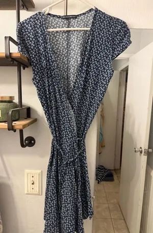 Brandy Melville Navy Blue Floral Wrap Midi Dress thumbnail 1