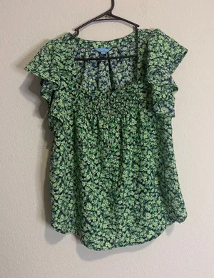 Draper James Green Floral Ruffle Sleeve Smocked Blouse thumbnail 1