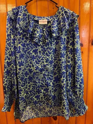First Love By Lovelyn Floral Ruffle Blouse Green Blue thumbnail 1
