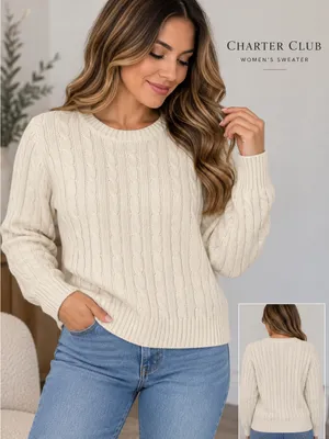 Charter Club Cream Cable-Knit Crewneck Sweater thumbnail 2