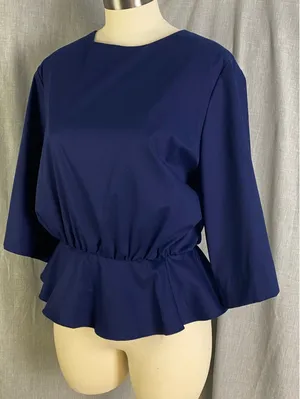 Toit‎ Volant Navy Open Back Peplum Blouse Bell Sleeve Top M USA thumbnail 1