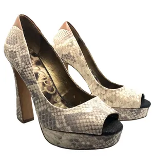 Sam Edelman "Tacoma" Taupe & Brown Leather Snakeskin Print Peep-Toe Heels thumbnail 1