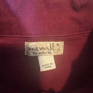 One World Womens Burgundy Denim Jacket Paisley‎ Print Lighweight Sleeve Size S thumbnail 3