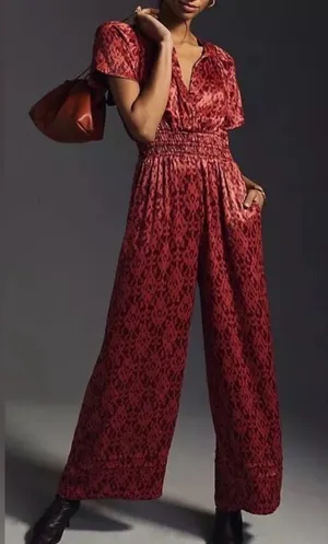 Anthropologie somerset jumpsuit satin feel smock waist rust fall size Small thumbnail 1