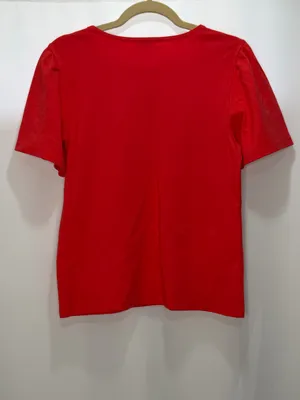 Ann Taylor Ponte Shoulder Button Top Short Sleeve Shirt in Hibiscus Size Medium thumbnail 3