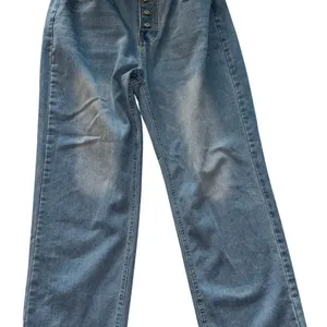 Womens High Rise Wide Leg Jeans Medium Wash‎ Button Fly Raw Hem Denim Pants thumbnail 1