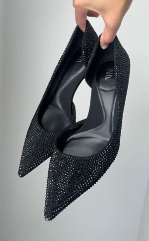 Zara Bedazzled Rhinestone All Black Pointed Kitten Heels Size 7 thumbnail 1