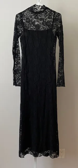 Anthro NIA M Whimsigoth Witchy Black Maxi Dress Floral Lace Mock Neck Sheer Goth thumbnail 1