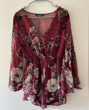 Akira Maroon Floral Long Flare‎ Sleeve Romper thumbnail 1