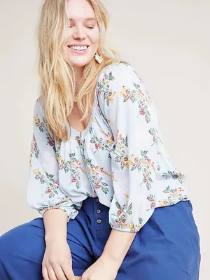 Maeve Anthropologie Boswell Floral Blouse Size 2 Blue Balloon Sleeve Boho thumbnail 2