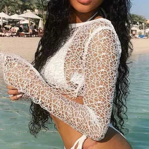 Oh Polly Long Sleeve Mesh Crop Top in White thumbnail 1