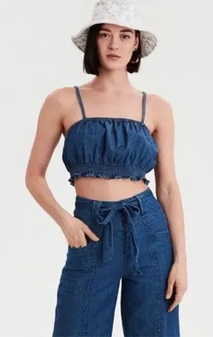 NWT Womens American Eagle Outfitters Blue Denim Chambray Ruffle Crop Top - Sz M thumbnail 1