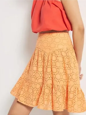 Maeve Eyelet Cotton Orange Tiered Mini Skirt Anthropologie XS thumbnail 2