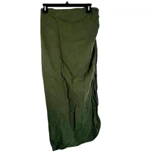 Zara M Ruched Linen-Blend Midi Skirt Olive Green Faux Wrap Side Slit thumbnail 3
