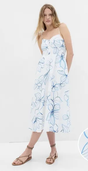 Gap Linen-Blend Smocked Corset Midi Dress Blue & White Floral Size Medium thumbnail 1