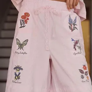 Lyrebird Pink Cottagecore Whimsy Cotton Embroidered Floral Lace Bermuda Shorts M thumbnail 1