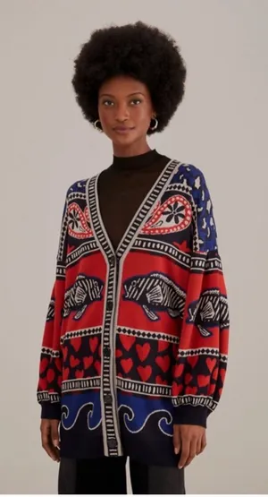 Farm Rio‎ Navy Mixed Print Knit Cardigan Sz Small Oversized Dopamine Teacher thumbnail 1