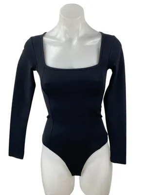 Abercrombie & Fitch Black Long Sleeve Square Neck Knit Thong Bodysuit Top Size S thumbnail 1