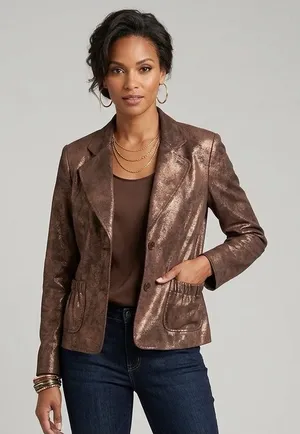 C&E Studio Metallic Bronze Genuine Suede Leather Blazer Jacket 6 thumbnail 1