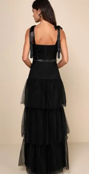 LULUS NWT Mystique Black Tulle Tie-Strap Tiered Maxi Dress Formal XXS thumbnail 2