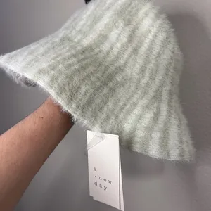 a new day Striped Fuzzy Bucket Hat in Sage and Cream thumbnail 1