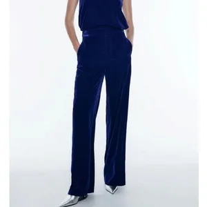 Zara Blue Velvet Velour High Waist Wide Flared Leg Crop Ankle Trousers Pants S thumbnail 2