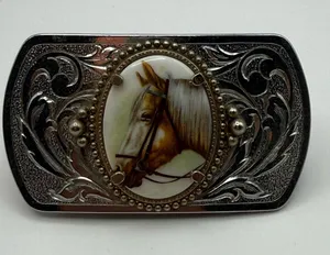 Western Horse Belt Buckle Silver Tone Ornate Scrollwork Equestrian Cowboy thumbnail 1