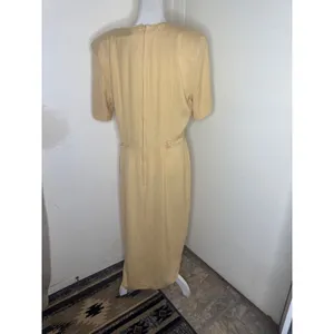 VTG 90s Casual Corner Rayon Linen Side Button Midi Dress Yellow 14 (Fits M/L) thumbnail 4