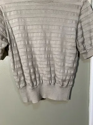 Women's Crewneck Short Sleeve Sweater Beige Pointelle Striped‎ Knit Ribbed Hem thumbnail 4
