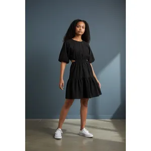 Madewell Seersucker Back Cutout Summer Dress Button Back Puff Sleeve Black‎ L thumbnail 3